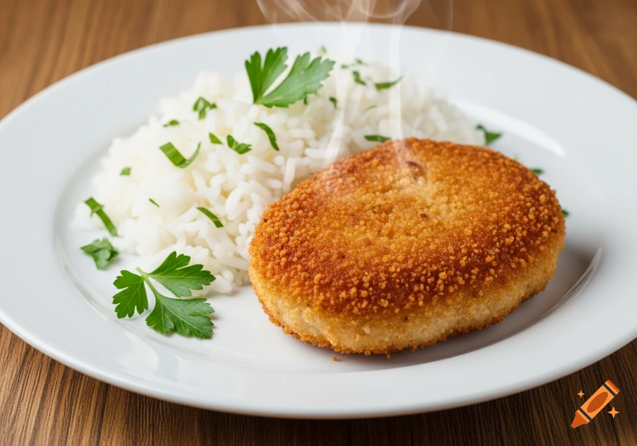 A photorealistic image of a golden-brown breaded cutlet next to white rice, garnished with parsley and steaming, on a white plate.
