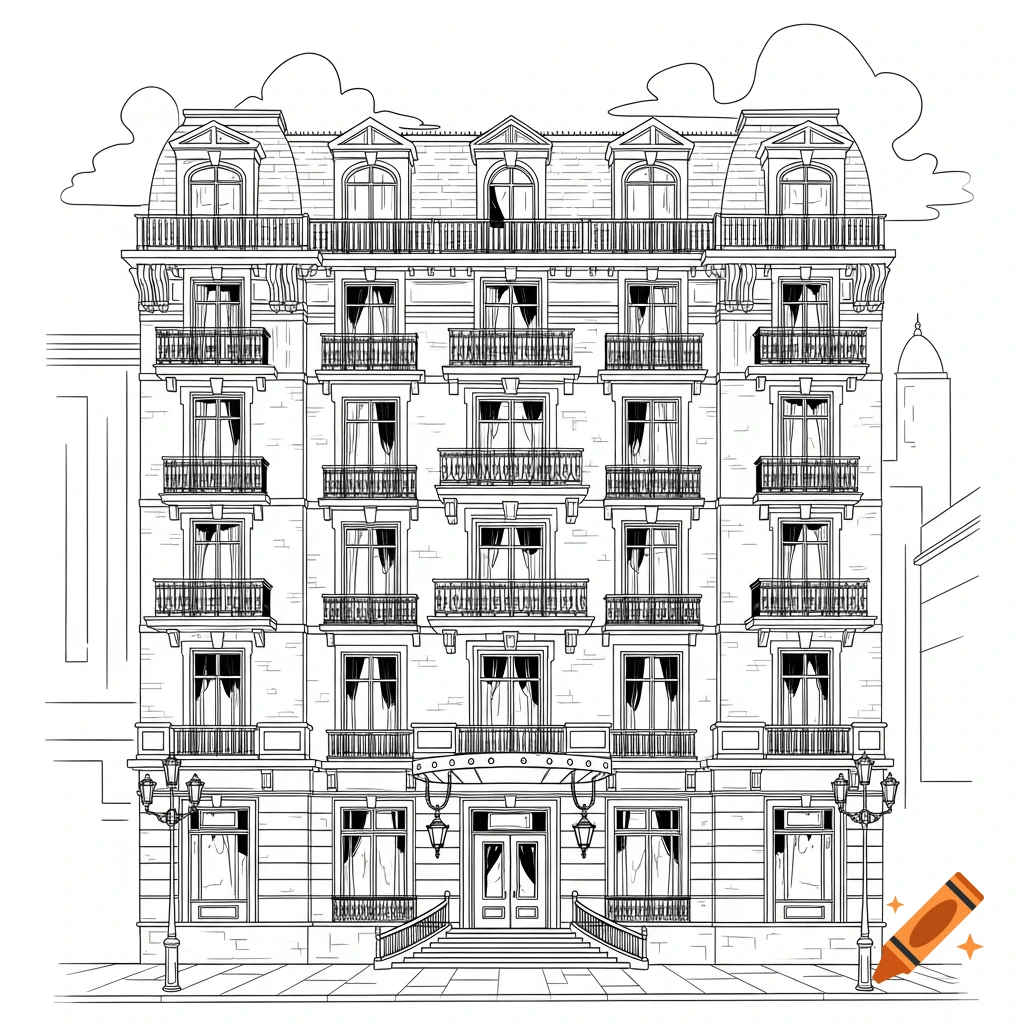 Black and white line art sketch of a 7-story hotel with balconies, dormer windows, and streetlights.