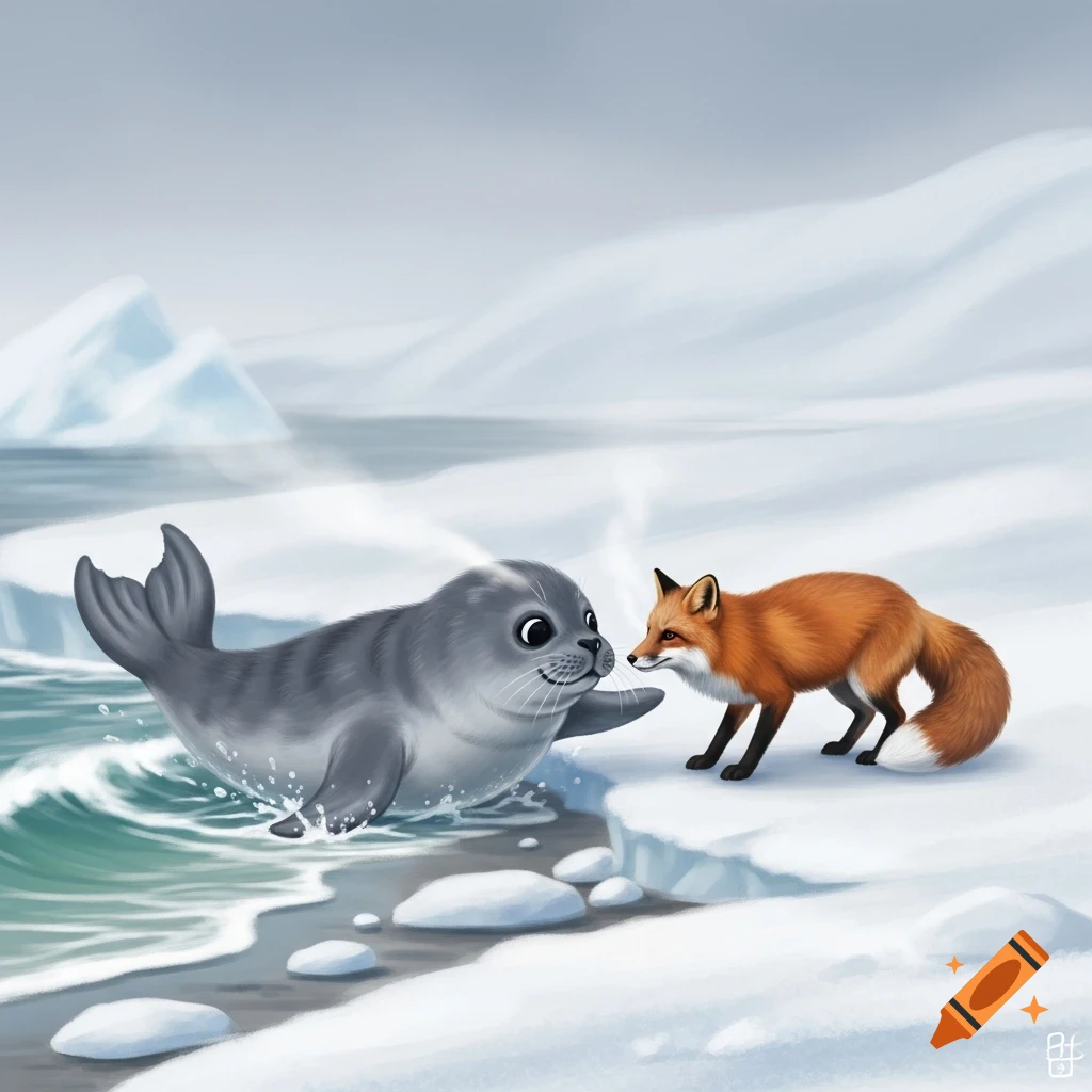 A cute cartoon seal pup emerges from icy water, looking at a red fox standing on an ice floe in a snowy arctic landscape.