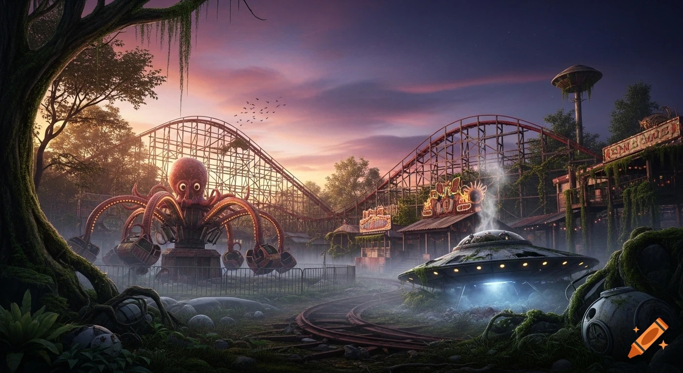 Abandoned amusement park at twilight with an octopus ride, roller coaster, and crashed UFO emitting light, overgrown with vines.