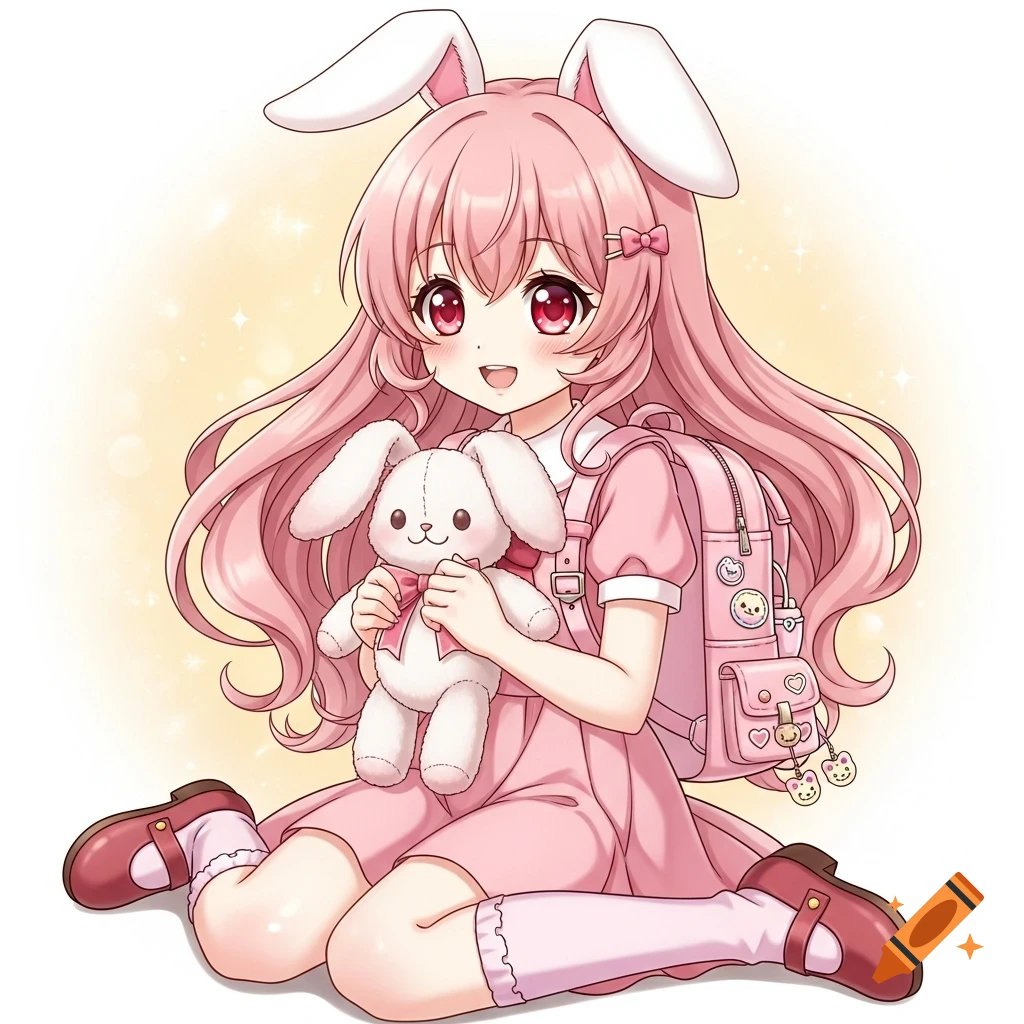 A cute anime girl with long pink hair and bunny ears, wearing a pink dress, shoes, and backpack, holding a white bunny stuffed animal with a pink ribbon.