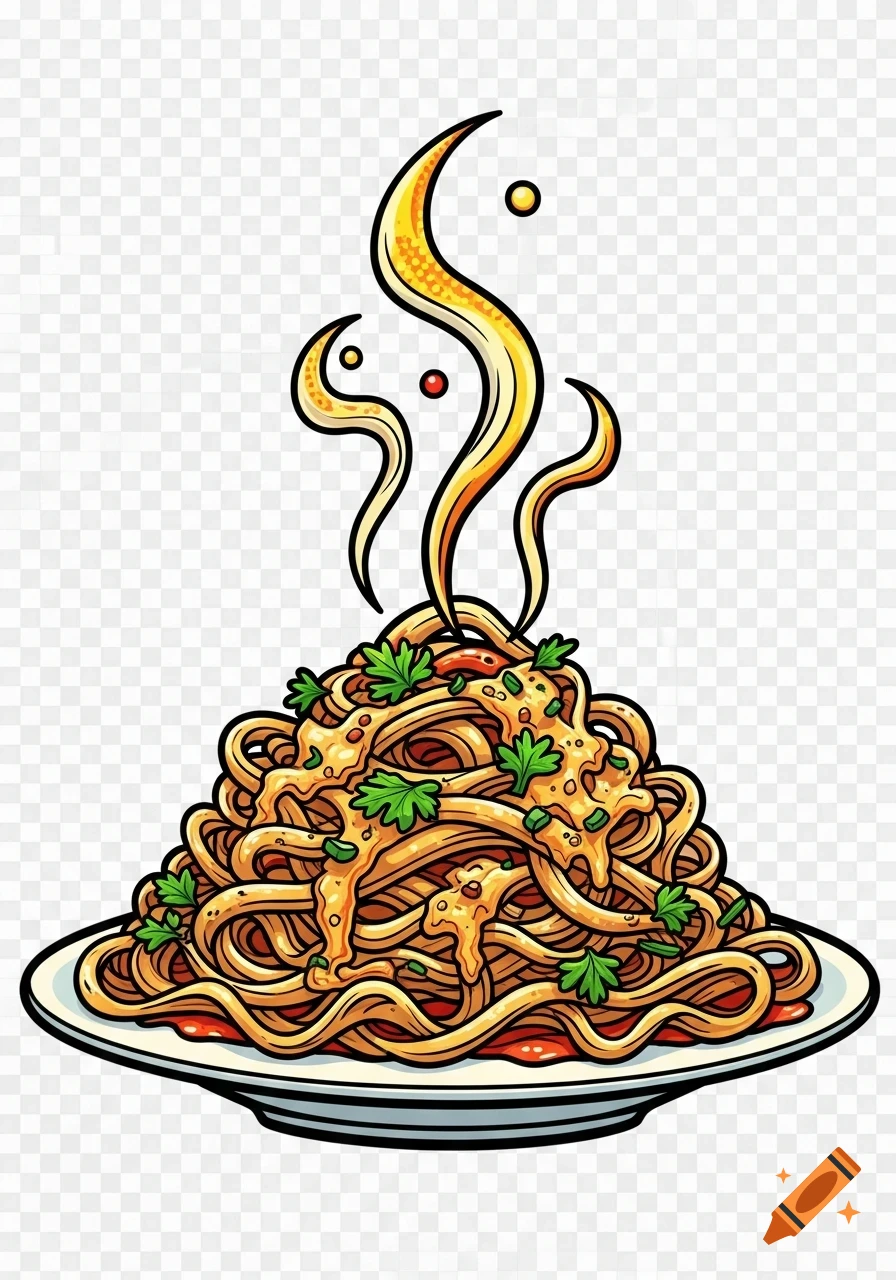 Comic illustration of a steaming plate of spaghetti with sauce and parsley.