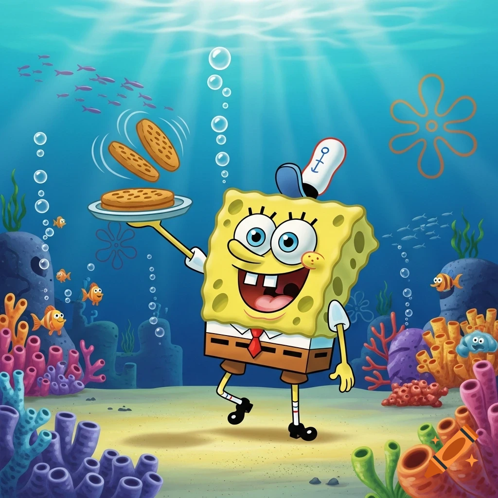 Spongebob Squarepants joyfully walks underwater, holding a tray with two Krabby Patties, surrounded by colorful coral and fish.