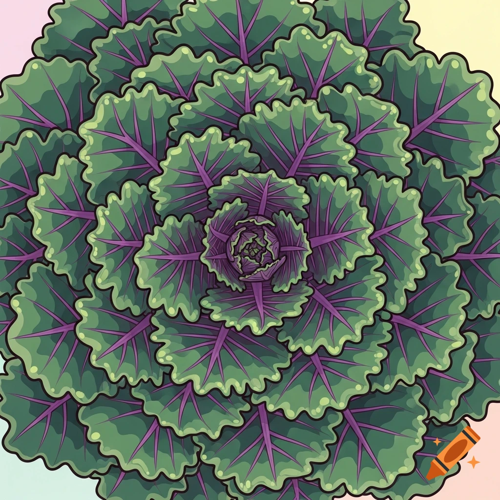 A vibrant green and purple ornamental kale plant depicted from a bird's eye view in a cartoon style.