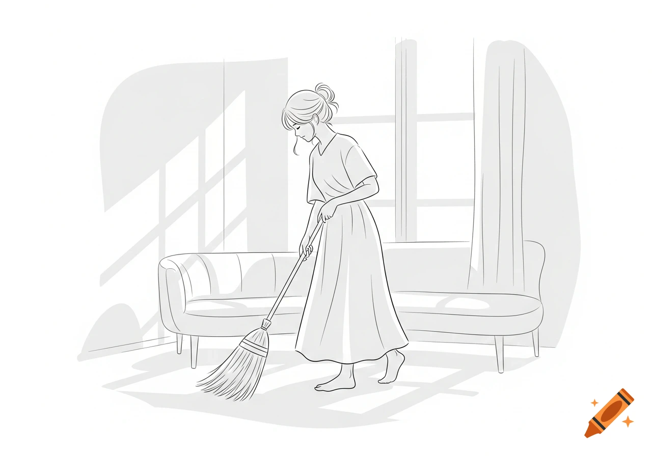 Simple line art illustration of a woman in a dress sweeping the floor in a room with a sofa and a window.