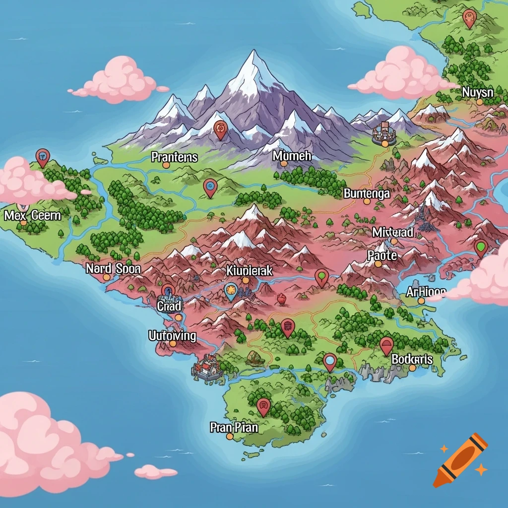 A colorful cartoon fantasy map of an island or continent, featuring mountains, forests, rivers, and labeled towns.