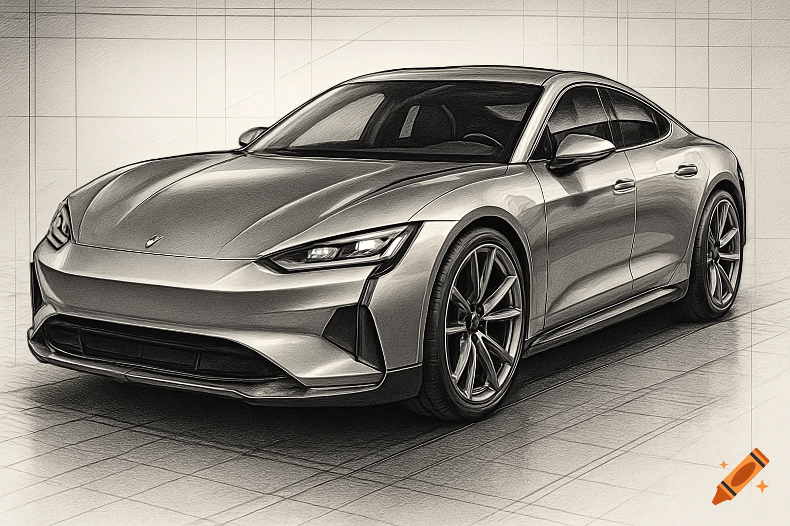 A grey technical sketch of a sleek electric sports car with angular lines, shown at a front quarter view on a tiled surface.