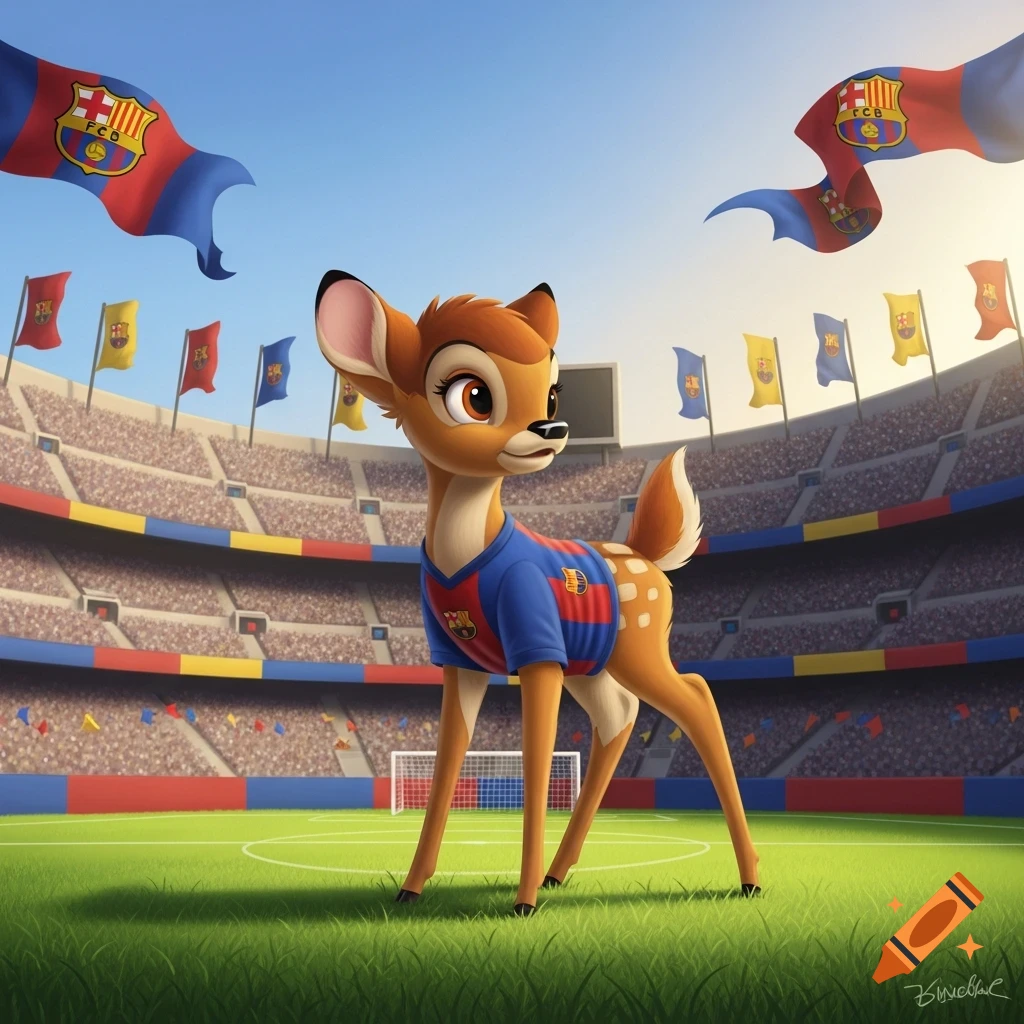 Bambi, the cartoon deer, wearing a blue and red FC Barcelona jersey, stands on a green soccer field in a packed stadium.
