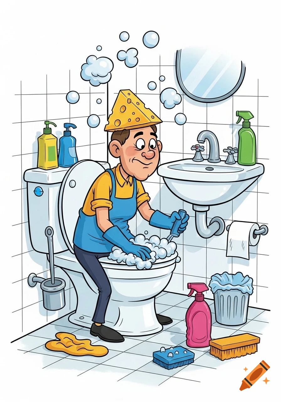 A humorous cartoon illustration of a man with a cheese hat cleaning a toilet in a bathroom filled with bubbles.