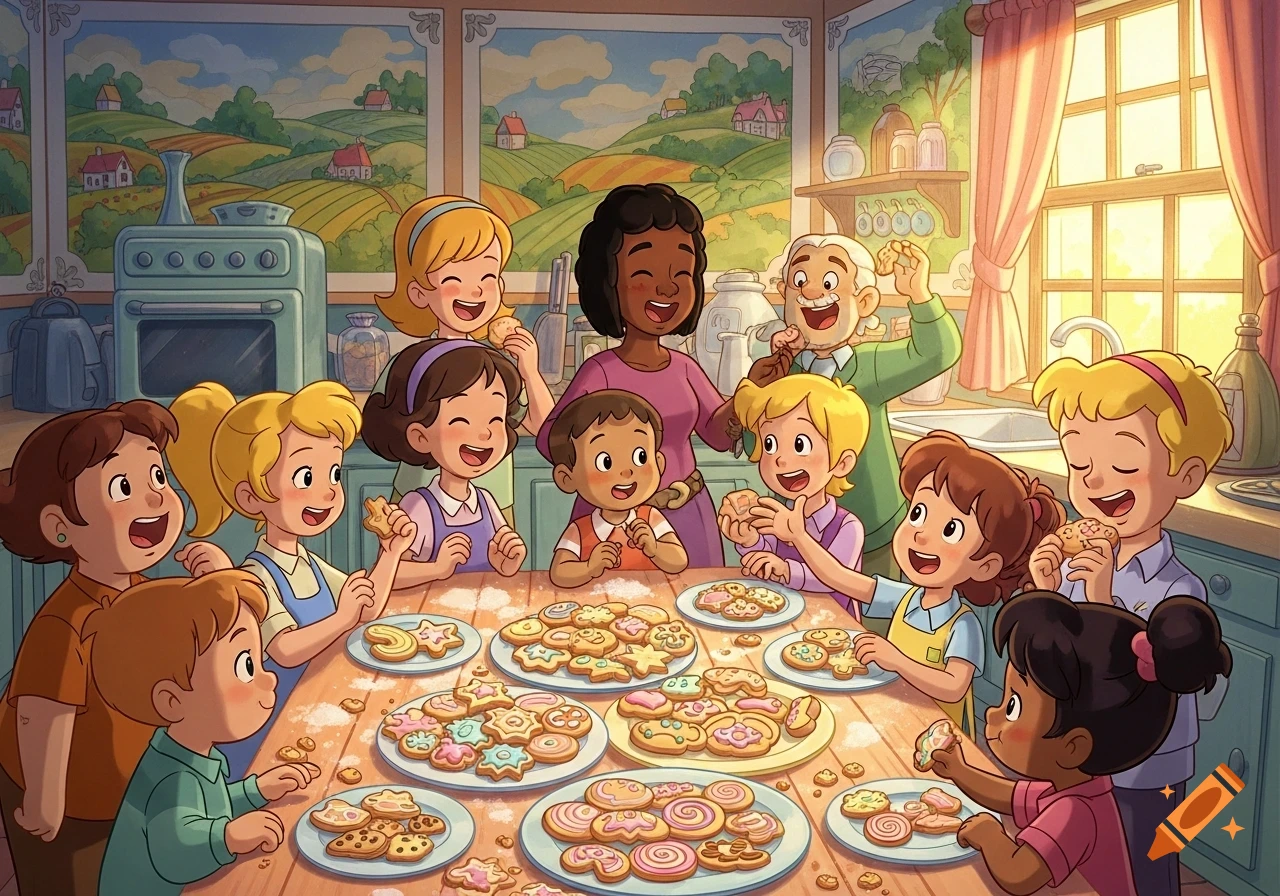 Cartoon illustration of a diverse group of adults and children happily eating decorated cookies around a table in a bright kitchen.
