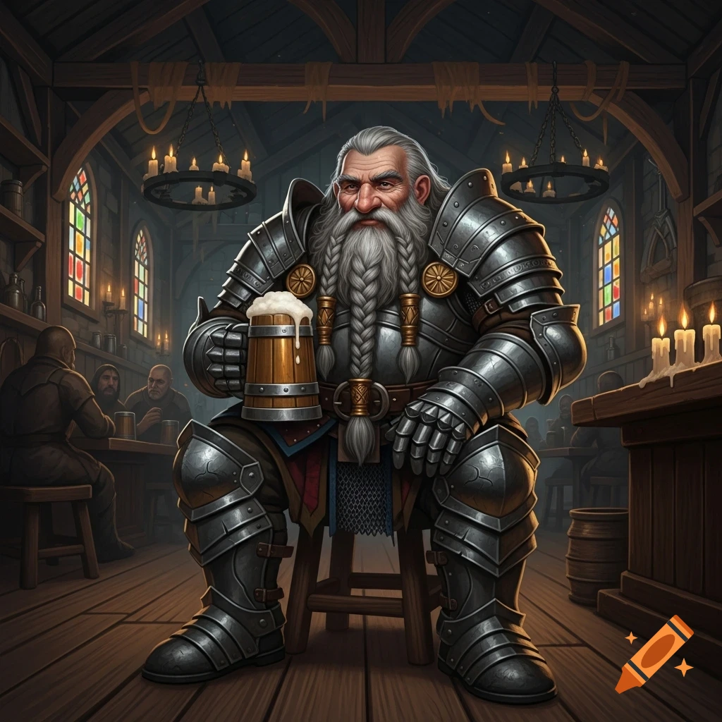 An old, armored dwarf with a long braided beard sits on a stool in a dark, rustic pub, holding a frothy wooden mug of ale.