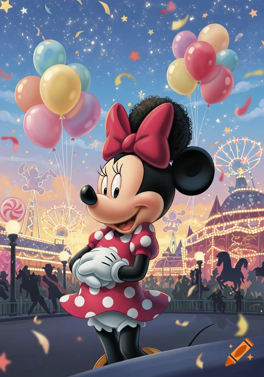 Smiling Minnie Mouse with an afro and a red bow stands in an amusement park with balloons and confetti under a starry sky.