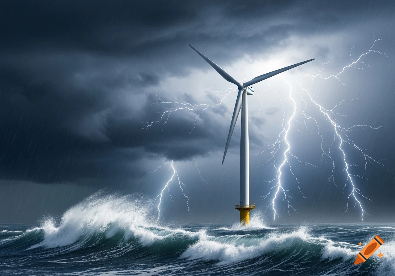 Photorealistic offshore wind turbine in a turbulent sea with large waves and lightning during a severe storm.