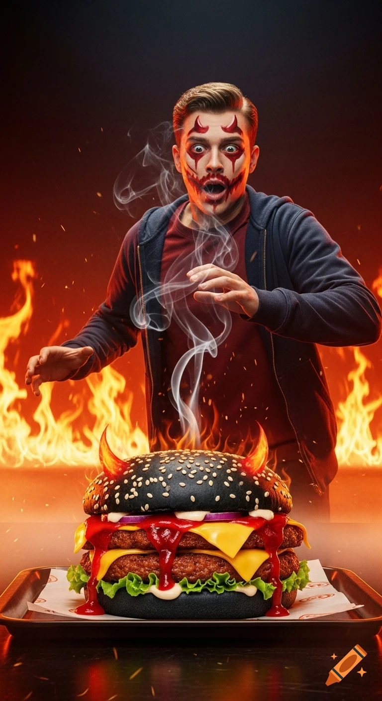 A man with devil-like face paint looks surprised at a fiery black burger with red sauce and horns, against a background of stylized flames. Dramatic ad style.