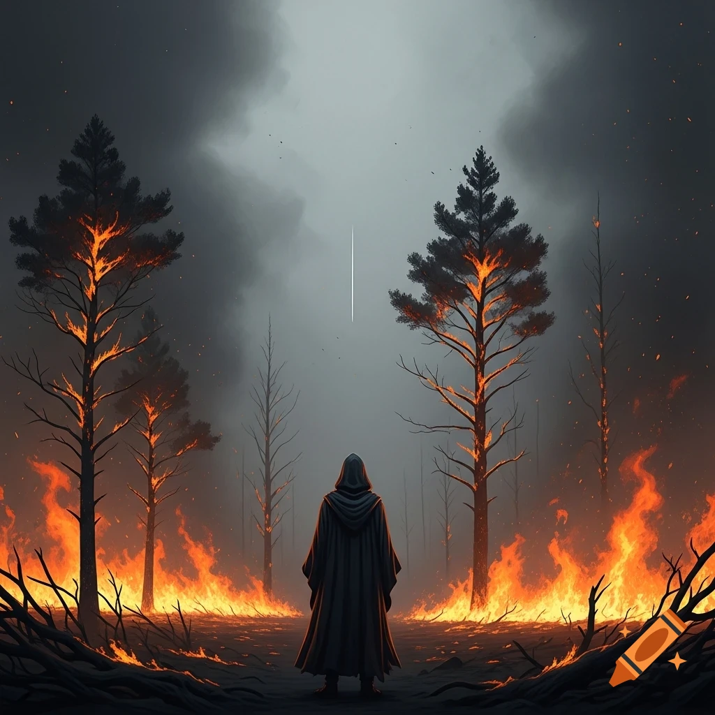 A hooded figure stands amidst a dark, burning forest with a smoky gray sky, watching the flames in a dramatic painting style.