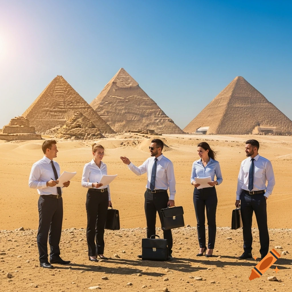 Five business people in professional attire stand in the desert before the Great Pyramids of Giza under a clear sky.