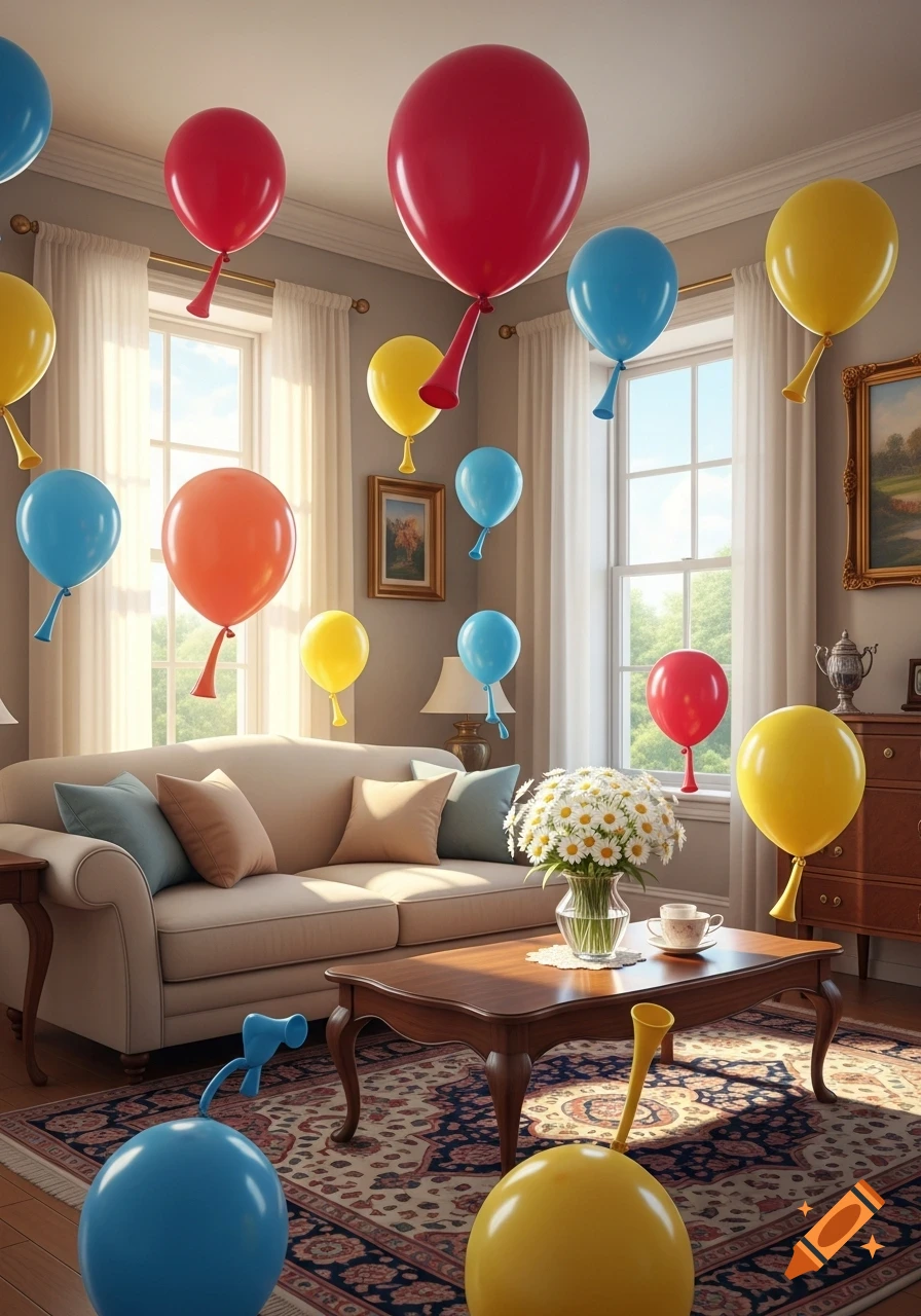 A cozy living room interior with sunlight streaming through windows, filled with numerous red, blue, orange, and yellow balloons floating throughout the space.