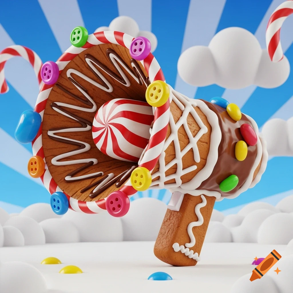 A whimsical 3D cartoon gingerbread megaphone, decorated with colorful candy buttons, white and chocolate icing, and red and white striped candy details, set against a bright blue and white striped sky with fluffy clouds.