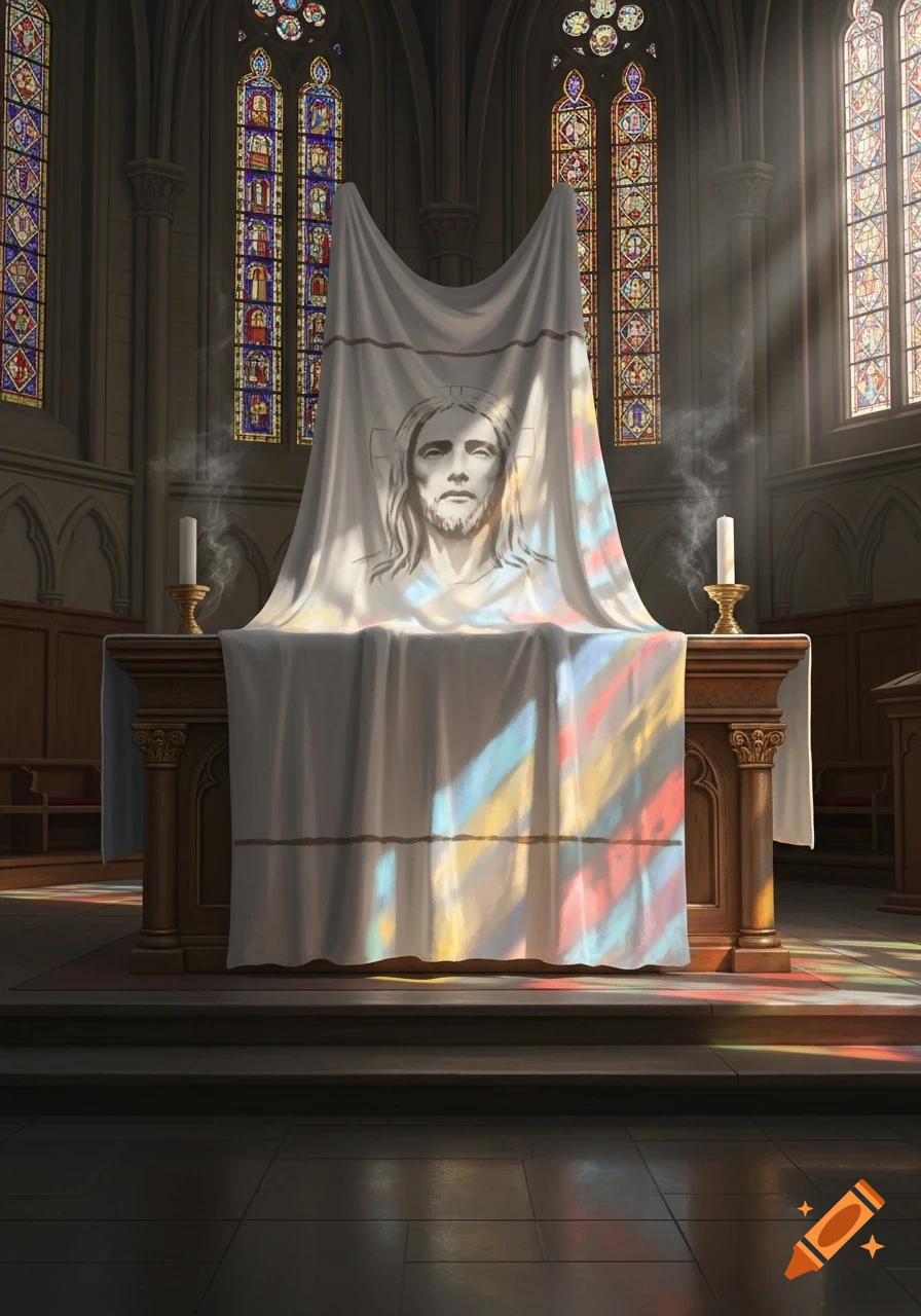 A white cloth with a faint drawing of Jesus's face draped over an altar in a church, illuminated by colorful light from stained glass windows.