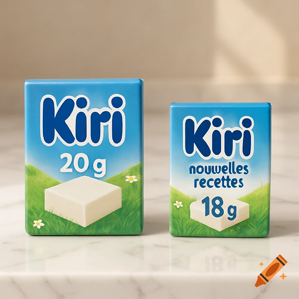 Two Kiri cheese boxes, one 20g and one 18g labeled 'nouvelles recettes', on a marble surface.