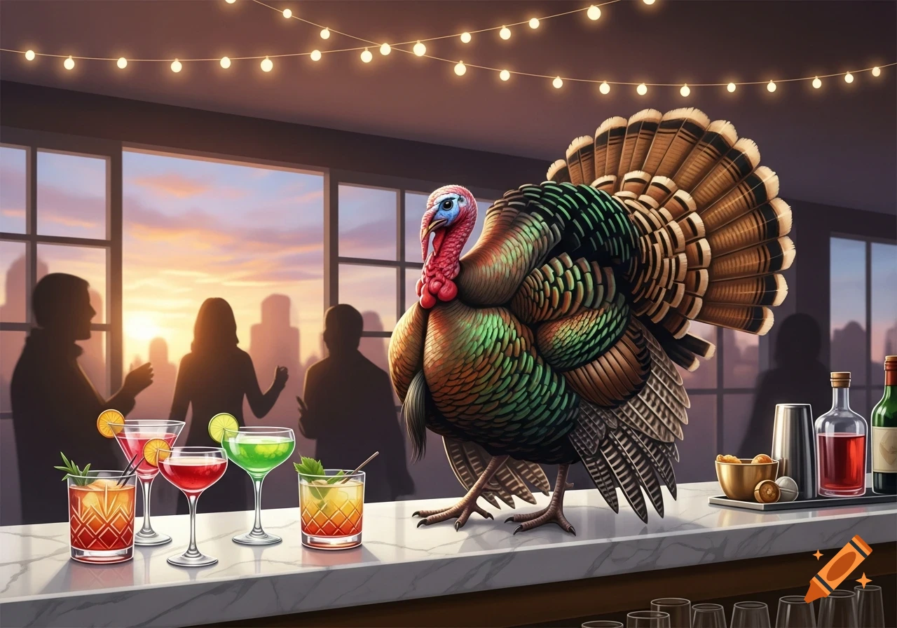 A colorful turkey stands on a marble bar counter surrounded by cocktails, with silhouetted people and a sunset cityscape in the background.