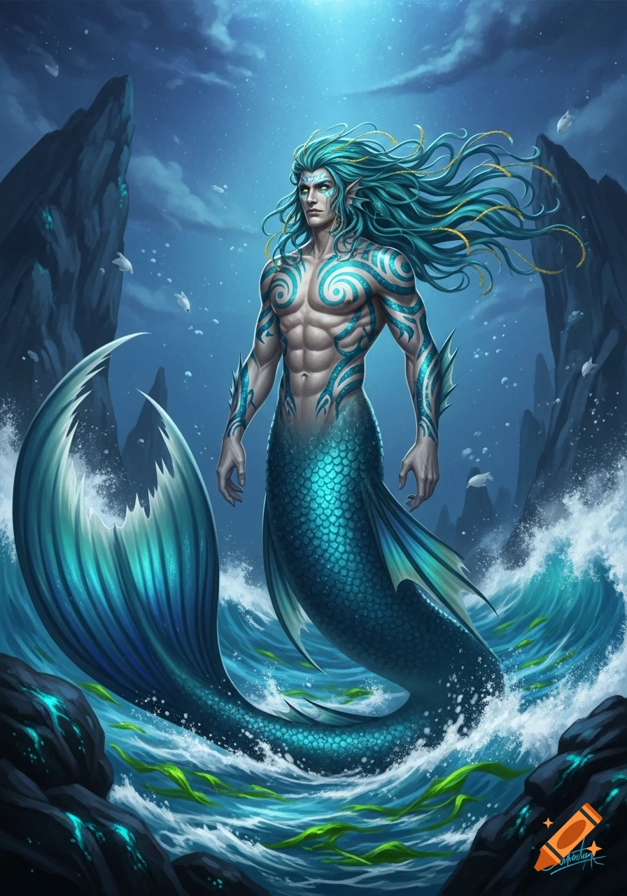 Muscular merman with long teal hair and blue tribal tattoos, shimmering blue-green scaly tail, standing in ocean waves with rocks under a moonlit sky.