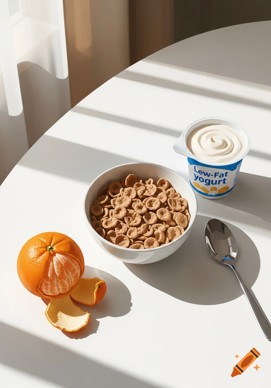 A bowl of cereal, a peeled orange, a container of yogurt labeled "Lew-Fat", and a spoon sit on a white table with sunlit shadows.