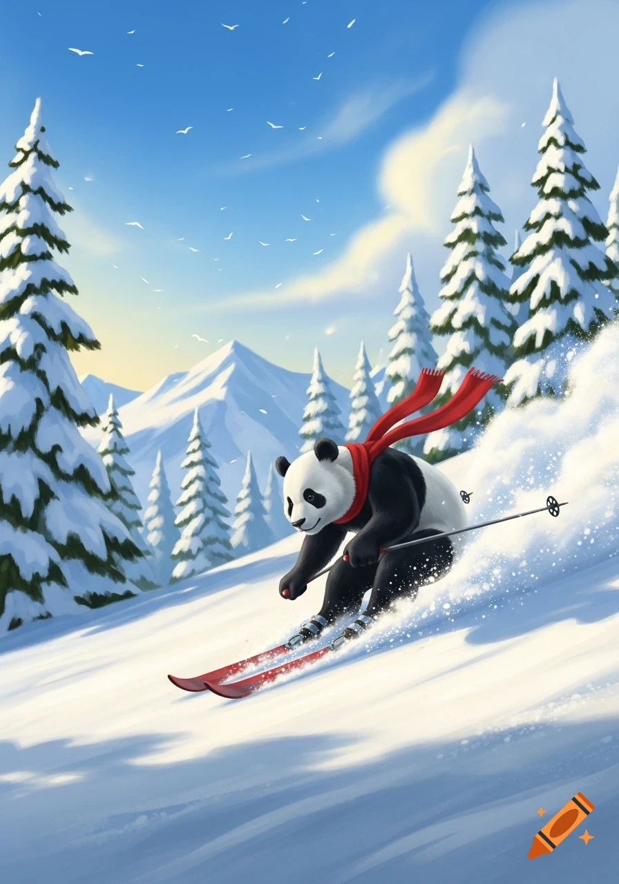 A cartoon panda wearing a red scarf skis down a snow-covered mountain, surrounded by pine trees under a clear blue sky.