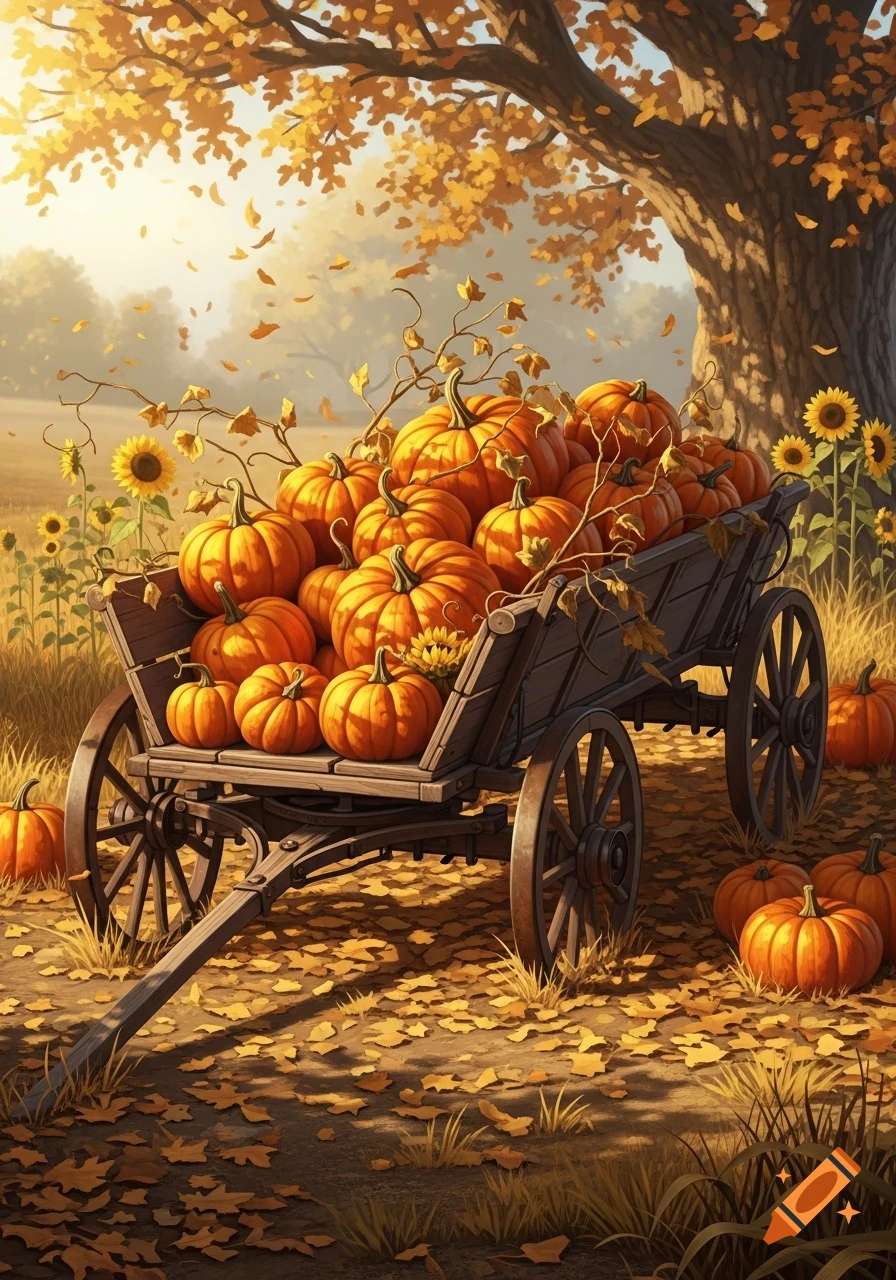 A wooden wagon filled with bright orange pumpkins sits in a sunlit autumn field with falling leaves and sunflowers.
