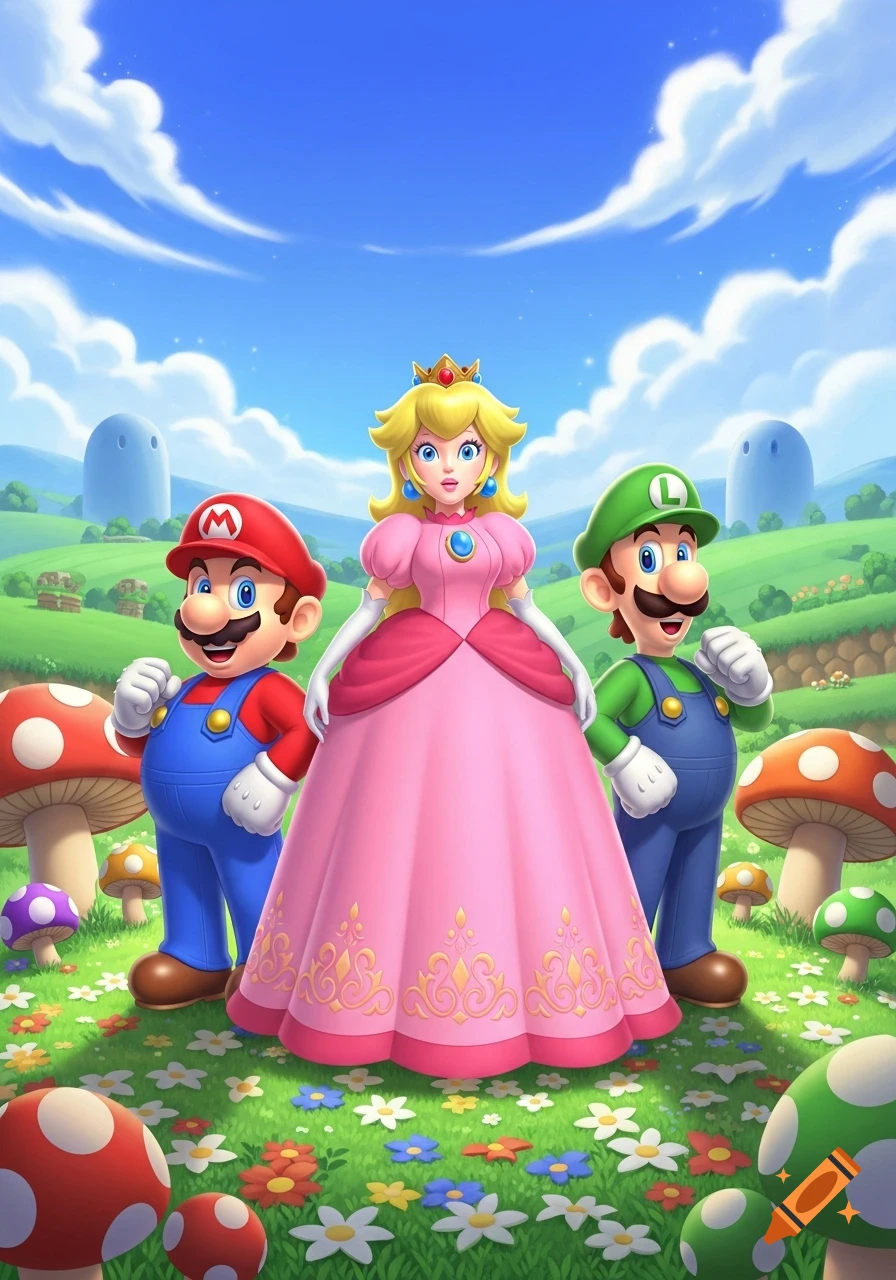 Mario, Princess Peach, and Luigi stand together in a vibrant, grassy field with colorful flowers and mushrooms under a blue sky.