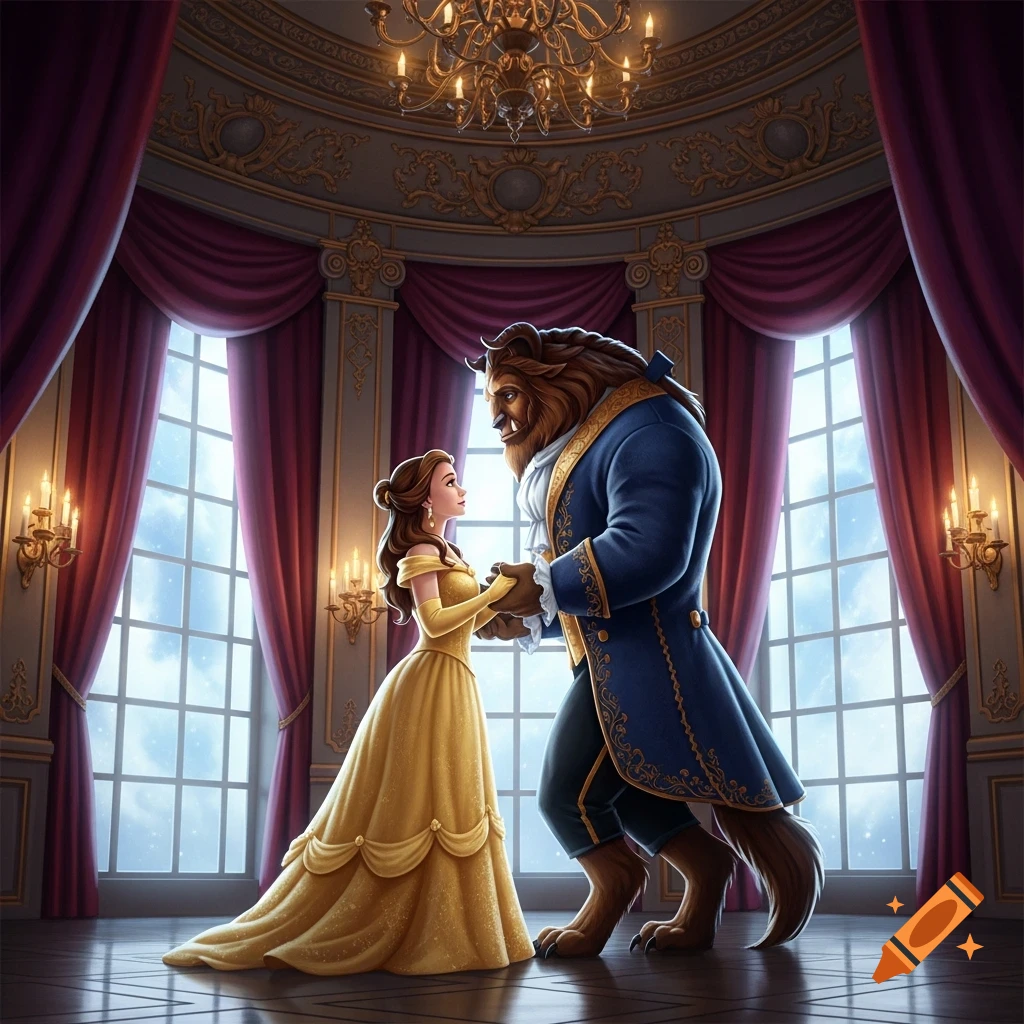 Belle in a yellow gown dances with Beast in a blue suit in a grand, ornate ballroom with large windows, stylized illustration.