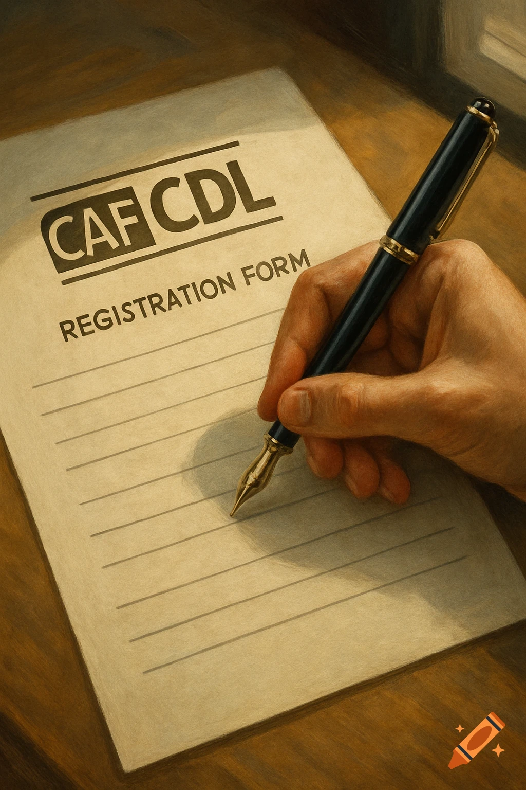 A hand holding a black and gold fountain pen poised over a light brown registration form with 'CAF CDL' and 'REGISTRATION FORM' printed on it, rendered in a painterly style.