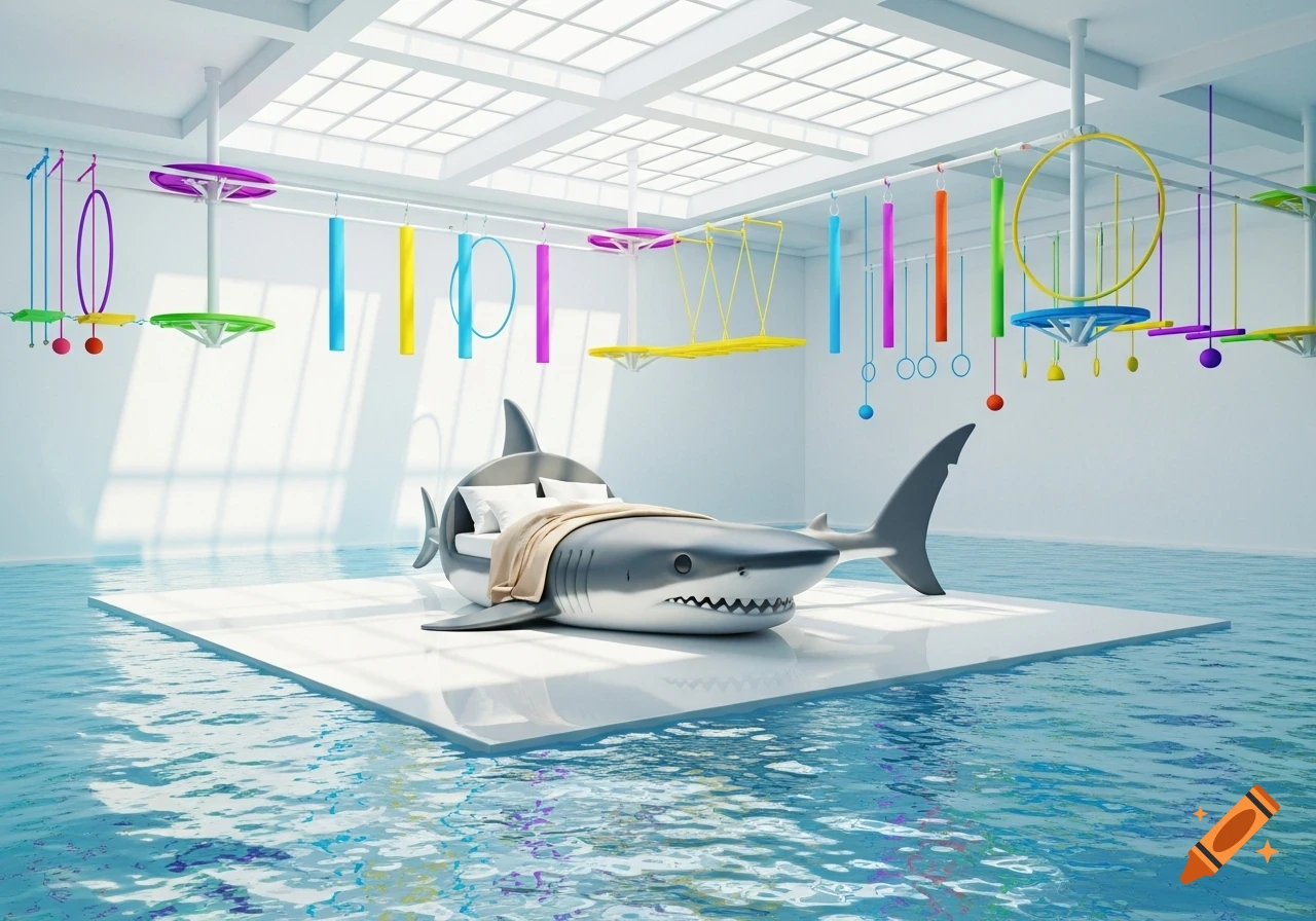 A fantasy bedroom with a shark-shaped bed on a white platform in a room filled with water, surrounded by a colorful floating obstacle course.