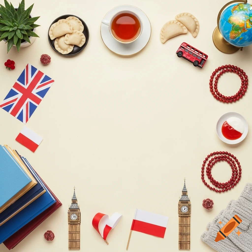 A flat-lay image featuring British and Polish cultural items like Big Ben, a red bus, flags, pierogi, tea, and books around an empty center.