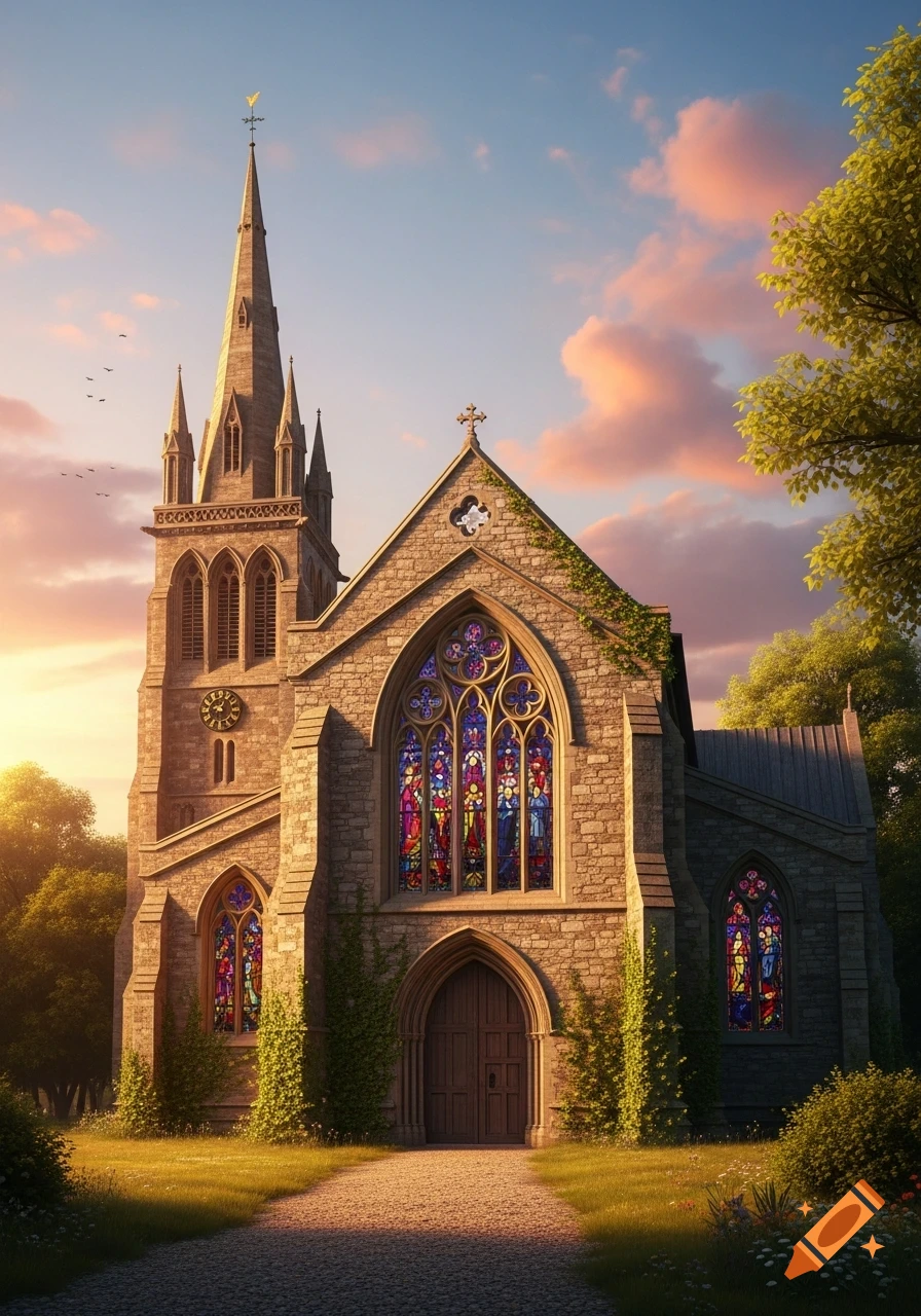 A grand old stone church with a tall spire and colorful stained glass windows, set in a grassy field under a vibrant sunset sky.