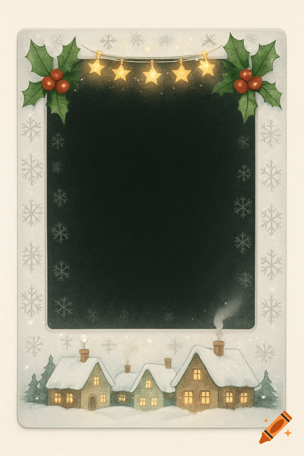 A Christmas-themed Polaroid frame illustration with holly, star string lights, a snowflake border, and a snowy village at the bottom.