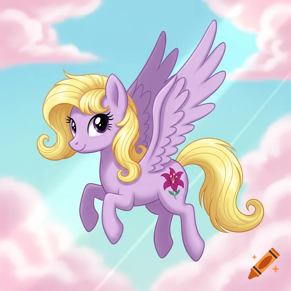 A lavender My Little Pony style pegasus with a yellow mane and tail, dark purple eyes, and a magenta lily cutie mark, flies in a blue sky with pink clouds.