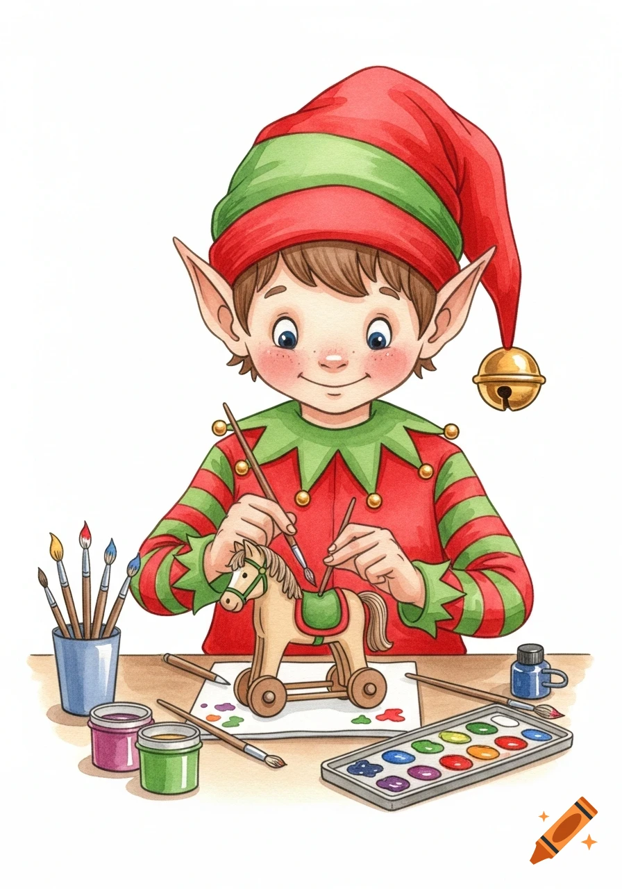 A watercolor illustration of a happy boy Christmas elf painting a wooden toy horse at a table with various paints and brushes.