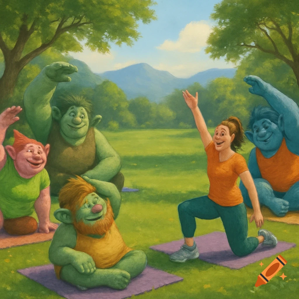 A woman leads several whimsical trolls in outdoor yoga in a vibrant, semi-realistic park setting.