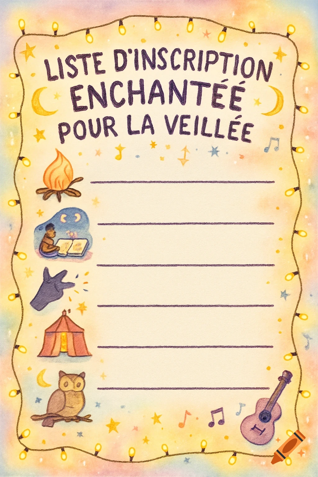 An enchanting sign-up sheet illustration with string lights, a campfire, a child reading, a shadow puppet, a tent, an owl, and a guitar, with text in French.