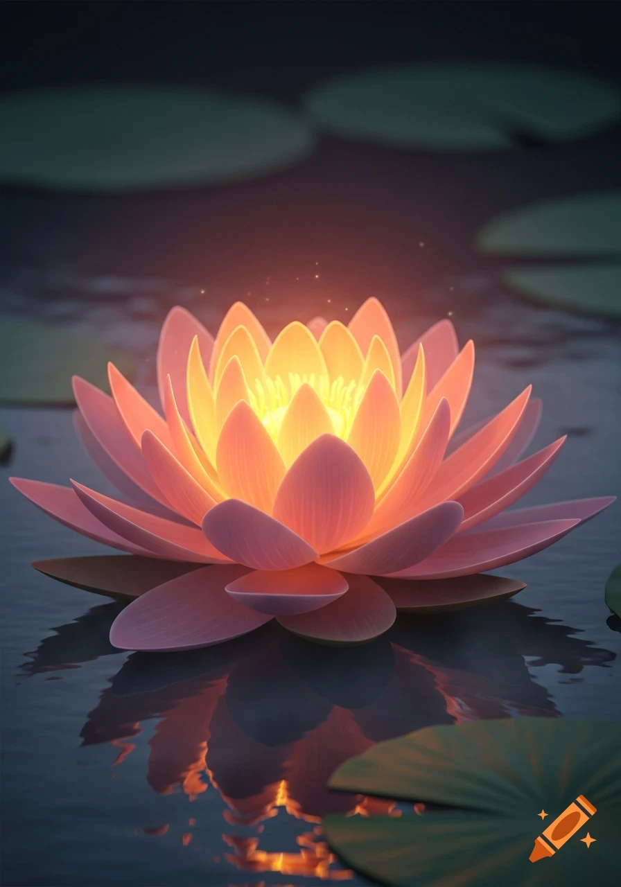 A glowing orange-pink lotus flower floats on dark water, its light reflecting, surrounded by lily pads.