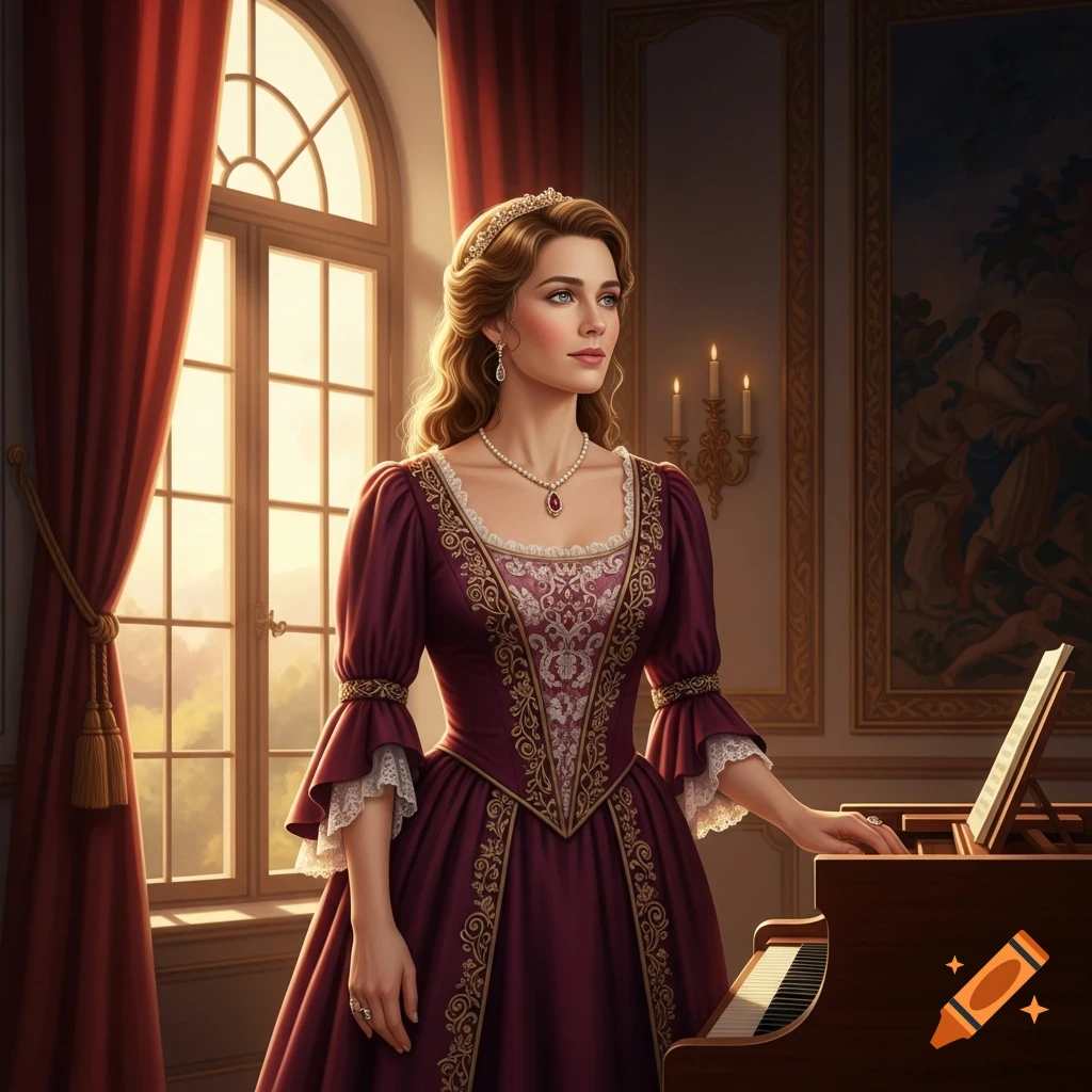 Beautiful woman in an elaborate burgundy historical gown standing by a piano in an elegant, sunlit room.