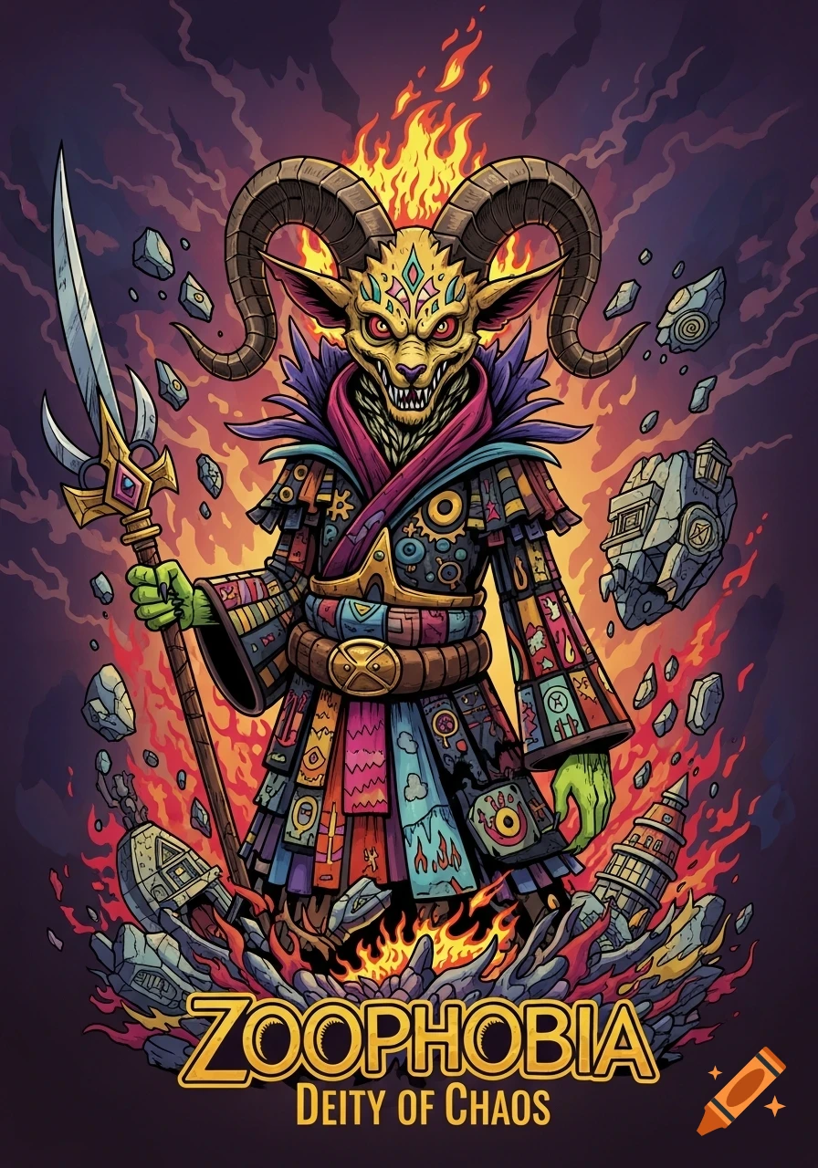 A stylized, horned demon-like creature in colorful armor, holding a spear amidst fire. Text 'ZOOPHOBIA DEITY OF CHAOS'.