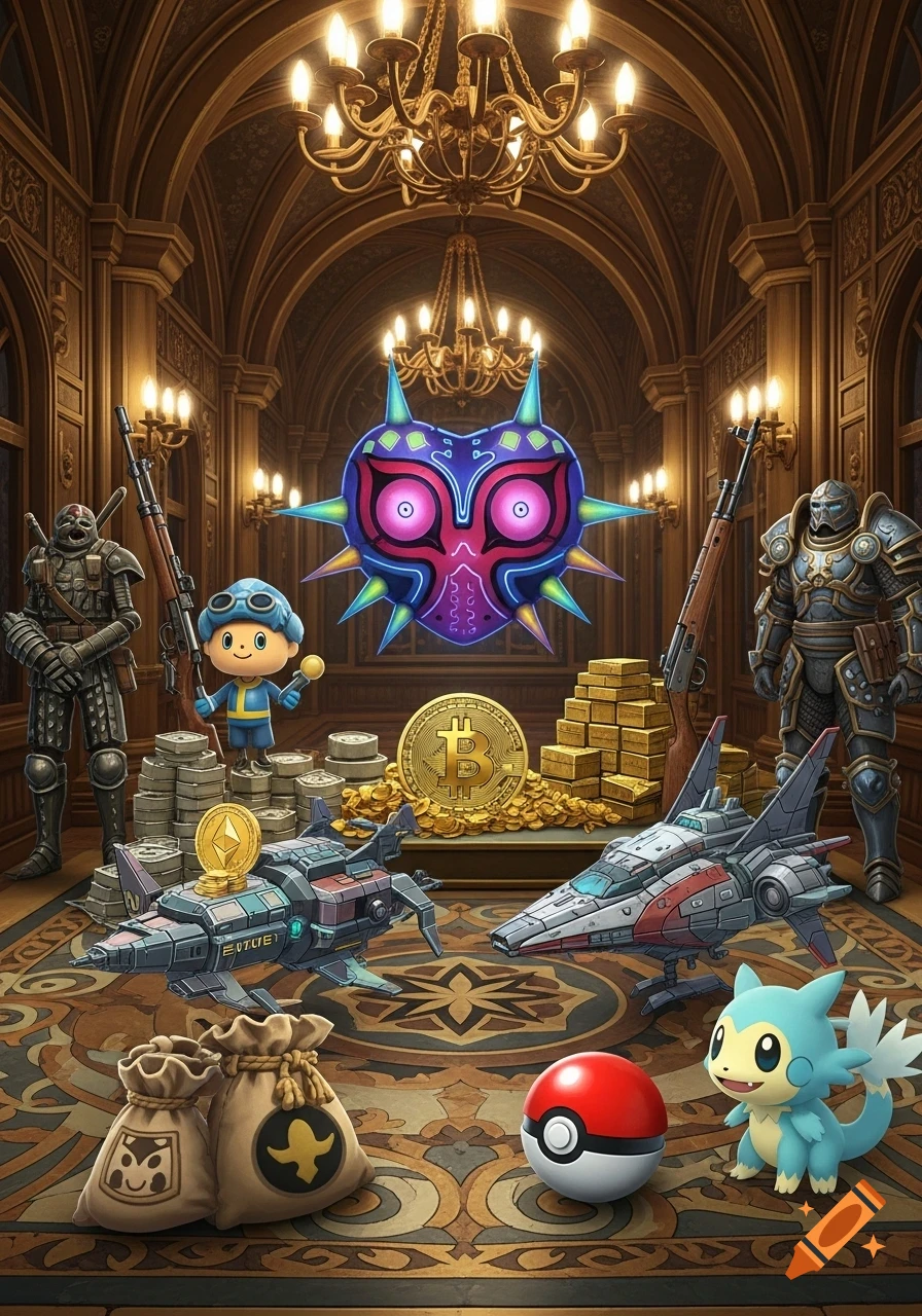 A luxurious treasure vault filled with video game and pop culture items, including Majora's Mask, Bitcoin, an Animal Crossing character, spaceships, gold, a Pokeball, and a Pokemon.