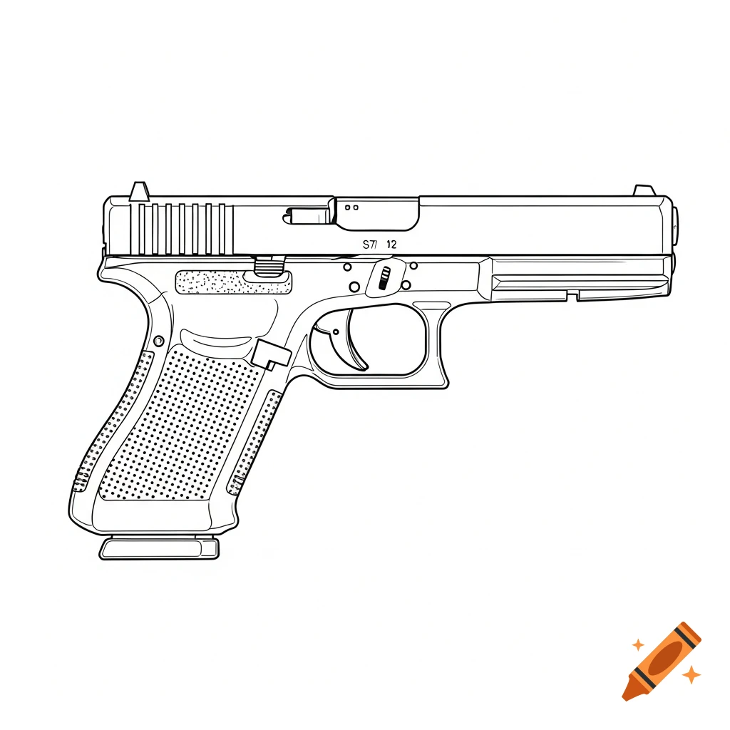A detailed black and white line art drawing of a Glock 17 pistol on a white background.
