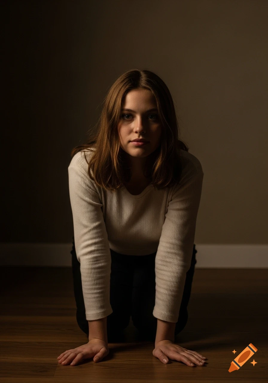 A young woman with brown hair kneels on a wooden floor, gazing directly with a shy expression, lit by dramatic chiaroscuro.
