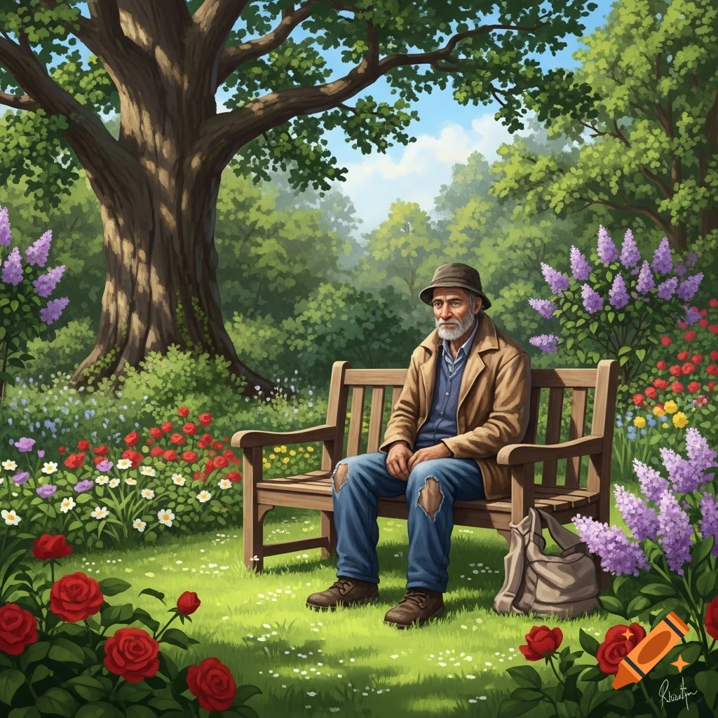 An elderly man with a beard and hat sits on a park bench in a vibrant, flower-filled garden under a large tree. Illustration.