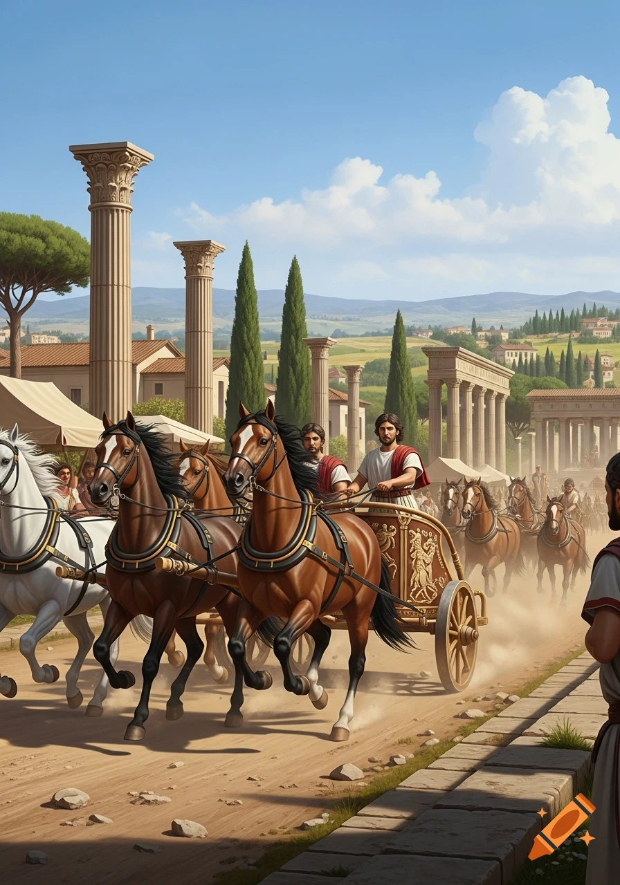 Ancient Roman chariot race with horses and drivers on a dusty road, past classical columns and buildings under a blue sky.