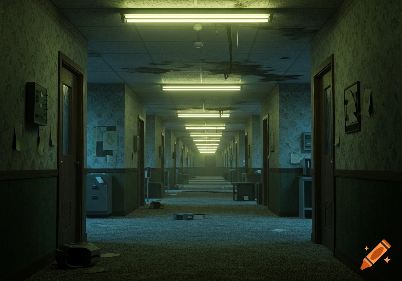 Eerie, dimly lit, photorealistic hallway in an abandoned building with fluorescent lights, peeling wallpaper, and scattered office items.