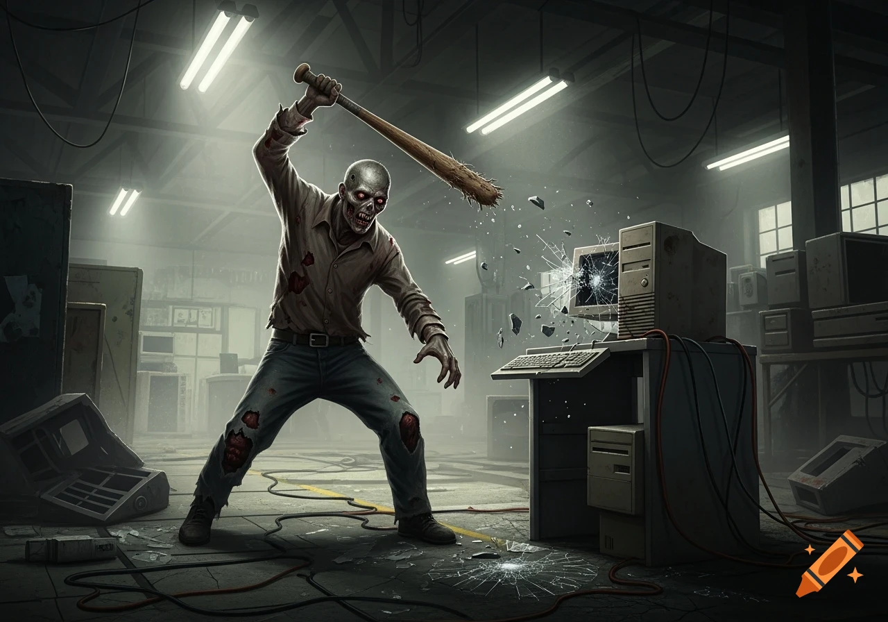 A zombie in ripped clothes smashes an old desktop computer with a spiked baseball bat in a gritty, industrial setting.